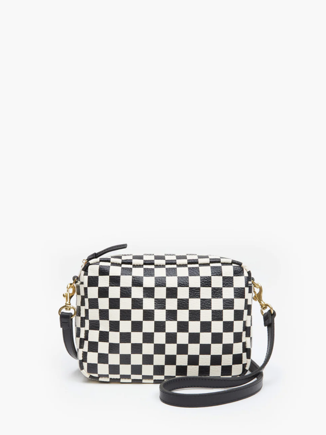Clare V. Petit Moyen Woven Leather Messenger Bag in Black and Cream Woven Checker