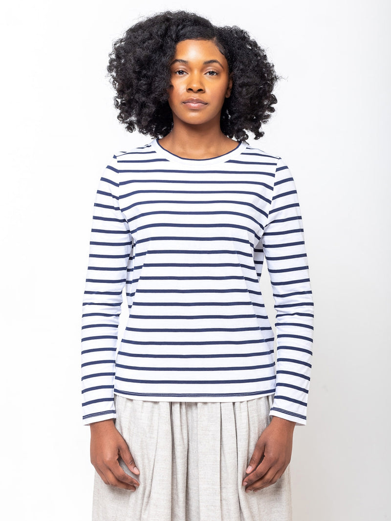 Allude - Stripe Long Sleeve Cotton Tee - Blue and White - Verdalina