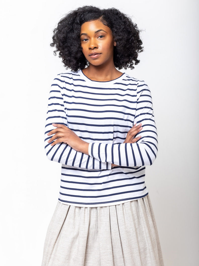 Allude - Stripe Long Sleeve Cotton Tee - Blue and White - Verdalina