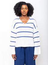 Allude - Cotton and Cashmere V-Neck Sweater - Blue Stripe - Verdalina