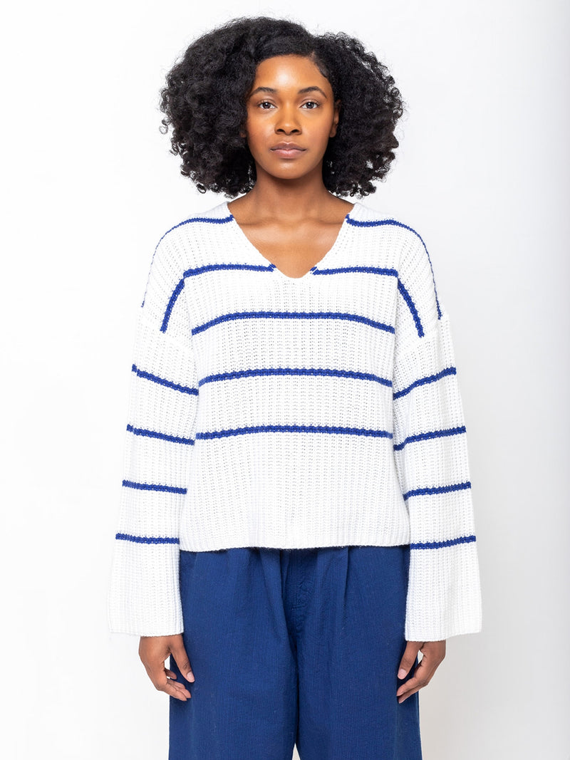 Allude - Cotton and Cashmere V-Neck Sweater - Blue Stripe - Verdalina